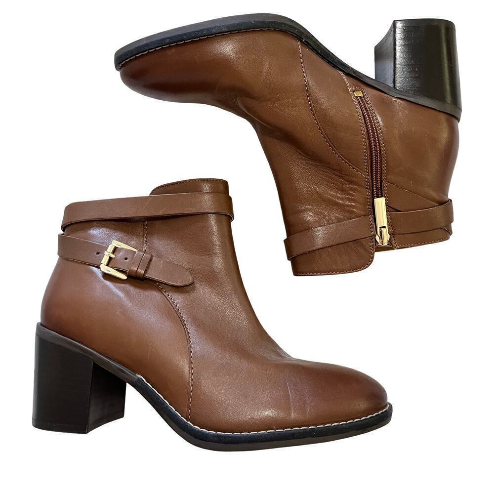 Hush Puppies Hannah Strap Leather Ankle‎ Boots Size 7.5 WIDE Brown Heeled Buckle